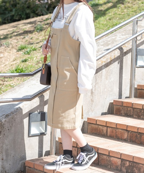 PairPair（ペアペア）の「ステッチジャンスカ/長さ調節自由自在（ジャンパースカート・レディース・ダークブラウン/アイボリー/ベージュ・FREE）」の8枚目の写真