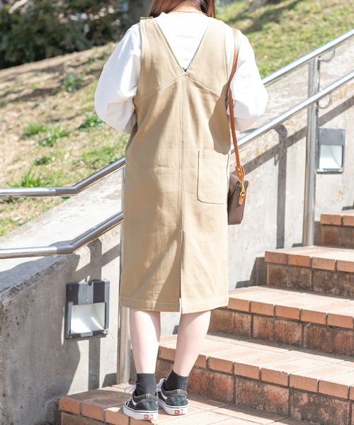 PairPair（ペアペア）の「ステッチジャンスカ/長さ調節自由自在（ジャンパースカート・レディース・ダークブラウン/アイボリー/ベージュ・FREE）」の9枚目の写真