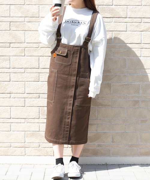PairPair（ペアペア）の「ステッチジャンスカ/長さ調節自由自在（ジャンパースカート・レディース・ダークブラウン/アイボリー/ベージュ・FREE）」の10枚目の写真