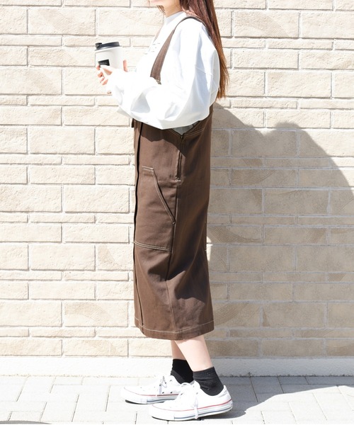 PairPair（ペアペア）の「ステッチジャンスカ/長さ調節自由自在（ジャンパースカート・レディース・ダークブラウン/アイボリー/ベージュ・FREE）」の11枚目の写真