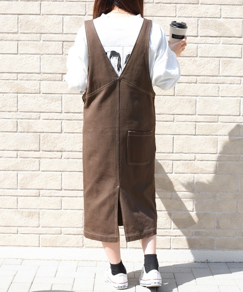 PairPair（ペアペア）の「ステッチジャンスカ/長さ調節自由自在（ジャンパースカート・レディース・ダークブラウン/アイボリー/ベージュ・FREE）」の12枚目の写真