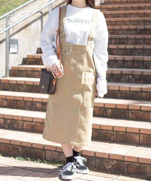 PairPair（ペアペア）の「ステッチジャンスカ/長さ調節自由自在（ジャンパースカート・レディース・ダークブラウン/アイボリー/ベージュ・FREE）」の7枚目の写真