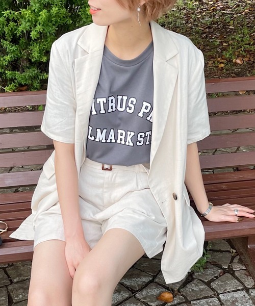 mysty woman（ミスティウーマン）の「リネンハーフスリーブライトジャケット 951764（テーラードジャケット・レディース・ダークブラウン/アイボリー/ダークベージュ・FREE）」の2枚目の写真