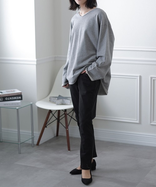ElegChic（エレグシック）の「シンプルVネックカットソー（Tシャツ/カットソー・レディース・ブラック/杢グレー/ライトカーキ・MEDIUM/X-LARGE/XXX-LARGE）」の8枚目の写真