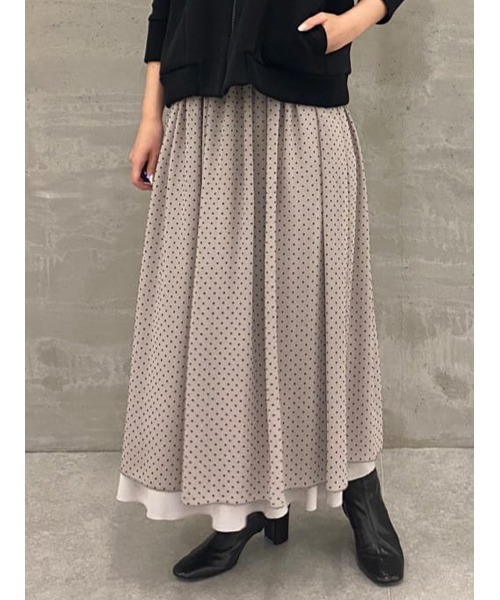 BEARDSLEY(ビアズリー)の「ウエスト総ゴム 裏側は一段ティアード無地 フロッキードットリバーシブルスカート(スカート・レディース・グレイッシュベージュ/ブラック・FREE)」の9枚目の写真