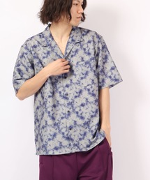 ROOT THREE とろみ ストレッチ 総柄プリント 開襟半袖シャツ