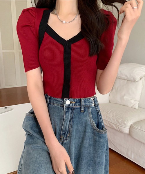 LUGG NAGG(ラグナグ)の「リブニットバイカラーパフスリーブトップス(ニット/セーター・レディース・ブラック/ホワイト/バーガンディー/ピンク/イエロー/ブルー/モカ・M)」の7枚目の写真