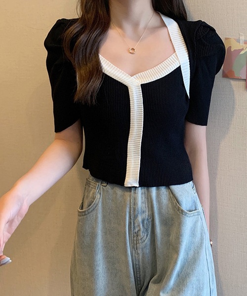 LUGG NAGG(ラグナグ)の「リブニットバイカラーパフスリーブトップス(ニット/セーター・レディース・ブラック/ホワイト/バーガンディー/ピンク/イエロー/ブルー/モカ・M)」の10枚目の写真