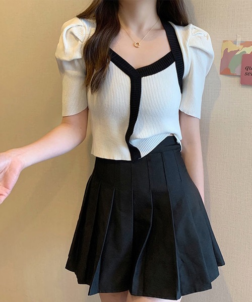 LUGG NAGG(ラグナグ)の「リブニットバイカラーパフスリーブトップス(ニット/セーター・レディース・ブラック/ホワイト/バーガンディー/ピンク/イエロー/ブルー/モカ・M)」の9枚目の写真