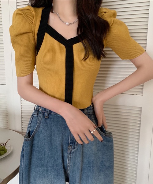 LUGG NAGG(ラグナグ)の「リブニットバイカラーパフスリーブトップス(ニット/セーター・レディース・ブラック/ホワイト/バーガンディー/ピンク/イエロー/ブルー/モカ・M)」の12枚目の写真
