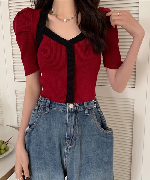 LUGG NAGG(ラグナグ)の「リブニットバイカラーパフスリーブトップス(ニット/セーター・レディース・ブラック/ホワイト/バーガンディー/ピンク/イエロー/ブルー/モカ・M)」の13枚目の写真