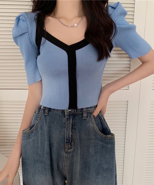 LUGG NAGG(ラグナグ)の「リブニットバイカラーパフスリーブトップス(ニット/セーター・レディース・ブラック/ホワイト/バーガンディー/ピンク/イエロー/ブルー/モカ・M)」の16枚目の写真