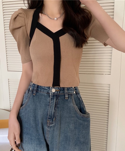 LUGG NAGG(ラグナグ)の「リブニットバイカラーパフスリーブトップス(ニット/セーター・レディース・ブラック/ホワイト/バーガンディー/ピンク/イエロー/ブルー/モカ・M)」の15枚目の写真