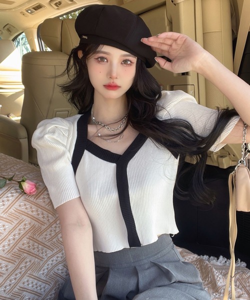 LUGG NAGG(ラグナグ)の「リブニットバイカラーパフスリーブトップス(ニット/セーター・レディース・ブラック/ホワイト/バーガンディー/ピンク/イエロー/ブルー/モカ・M)」の20枚目の写真
