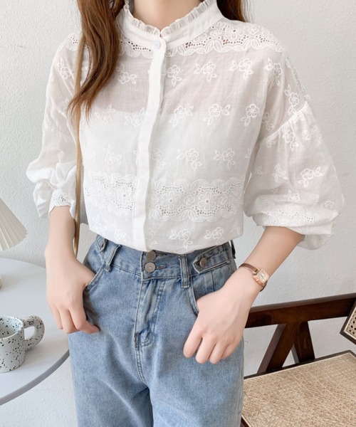 Diosfront（ディオスフロント）の「カットワーク刺繍プチハイネックボリュウーム袖ブラウス（シャツ/ブラウス・レディース・ホワイト/ブラック・M/L）」の9枚目の写真