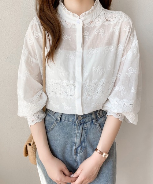 Diosfront（ディオスフロント）の「カットワーク刺繍プチハイネックボリュウーム袖ブラウス（シャツ/ブラウス・レディース・ホワイト/ブラック・M/L）」の12枚目の写真