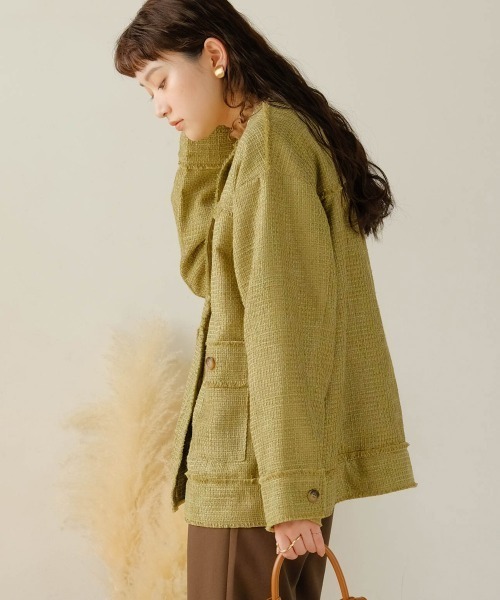 Bab（バブ）の「ツイードオーバージャケット（ノーカラージャケット・レディース・ブラック/グリーン・M）」の3枚目の写真