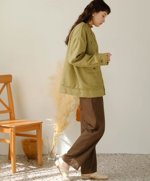 Bab（バブ）の「ツイードオーバージャケット（ノーカラージャケット・レディース・ブラック/グリーン・M）」の5枚目の写真