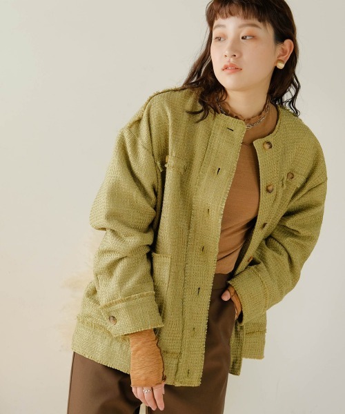 Bab（バブ）の「ツイードオーバージャケット（ノーカラージャケット・レディース・ブラック/グリーン・M）」の6枚目の写真