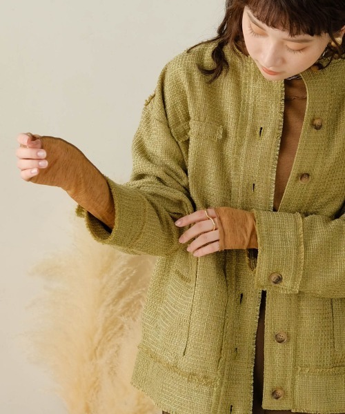 Bab（バブ）の「ツイードオーバージャケット（ノーカラージャケット・レディース・ブラック/グリーン・M）」の7枚目の写真