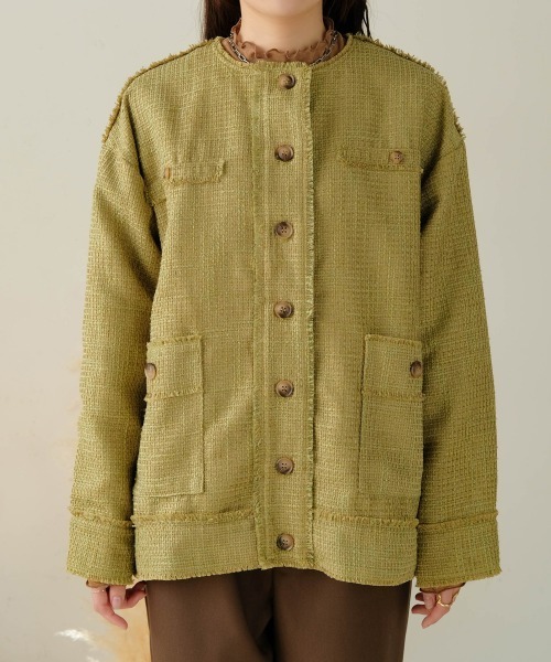 Bab（バブ）の「ツイードオーバージャケット（ノーカラージャケット・レディース・ブラック/グリーン・M）」の8枚目の写真