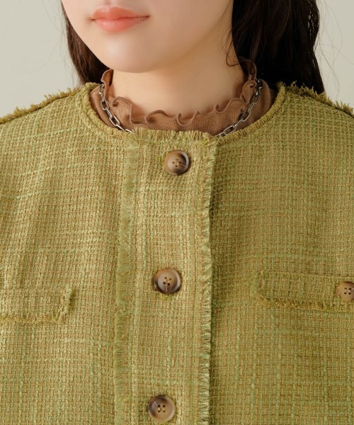 Bab（バブ）の「ツイードオーバージャケット（ノーカラージャケット・レディース・ブラック/グリーン・M）」の9枚目の写真