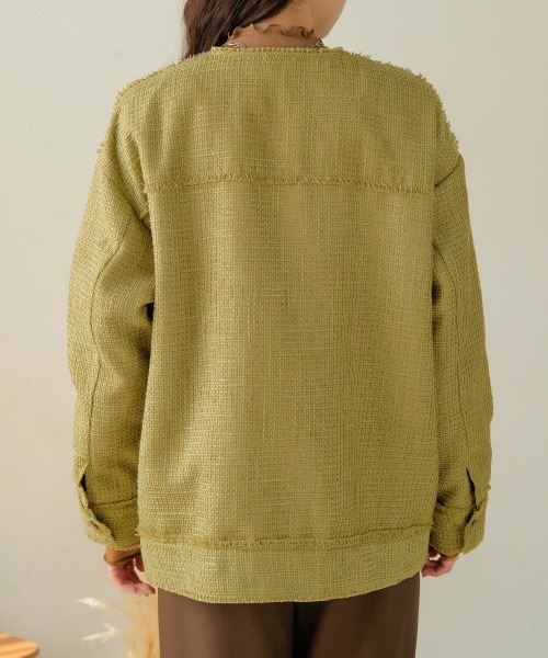 Bab（バブ）の「ツイードオーバージャケット（ノーカラージャケット・レディース・ブラック/グリーン・M）」の11枚目の写真