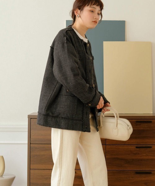 Bab（バブ）の「ツイードオーバージャケット（ノーカラージャケット・レディース・ブラック/グリーン・M）」の13枚目の写真