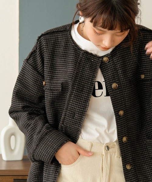 Bab（バブ）の「ツイードオーバージャケット（ノーカラージャケット・レディース・ブラック/グリーン・M）」の15枚目の写真