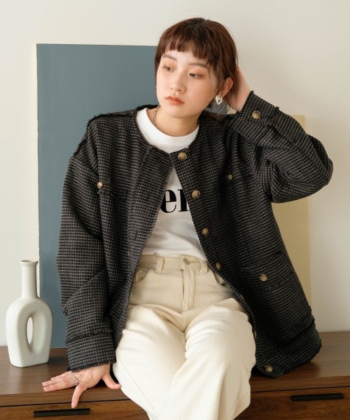 Bab（バブ）の「ツイードオーバージャケット（ノーカラージャケット・レディース・ブラック/グリーン・M）」の16枚目の写真