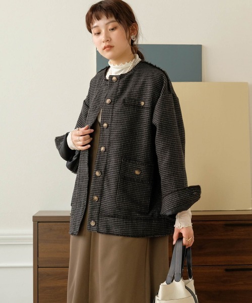 Bab（バブ）の「ツイードオーバージャケット（ノーカラージャケット・レディース・ブラック/グリーン・M）」の17枚目の写真
