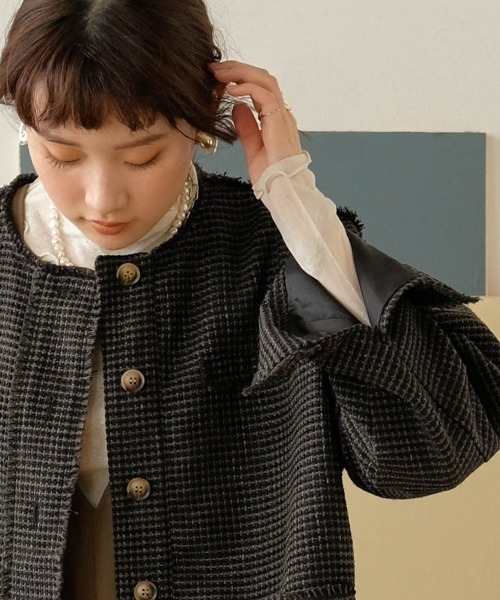 Bab（バブ）の「ツイードオーバージャケット（ノーカラージャケット・レディース・ブラック/グリーン・M）」の18枚目の写真