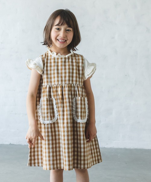 90サイズ(モリス使用)丸襟×肩フリルエプロンワンピース(ピンパーネル) 肩フリル＊エプロンワンピース《サイズ110〜120》 子供服 motty