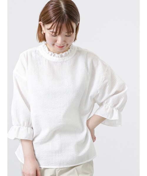 Lugnoncure（ルノンキュール）の「袖ボリュームストライプブラウス（シャツ/ブラウス・レディース・オフホワイト/ブルー/ネイビー・ﾌﾘ-）」の2枚目の写真