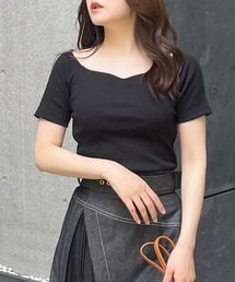 カットリブオープンネック半袖トップス