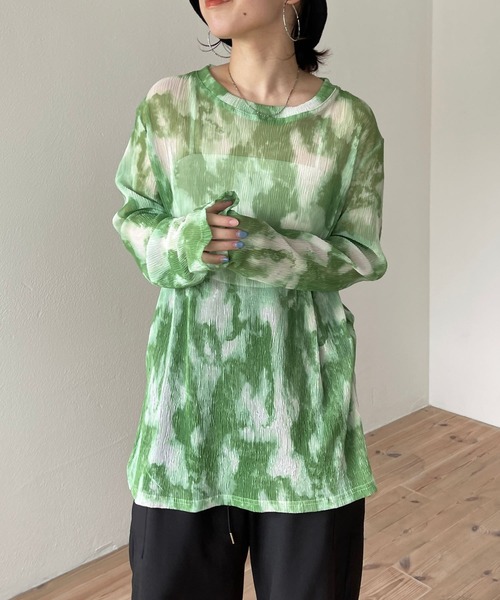 wee9s(ウィークス)の「shirring tie dye sheer tops / シャーリングタイダイシアートップス(Tシャツ/カットソー・レディース・グリーン/ブラック・FREE)」の6枚目の写真