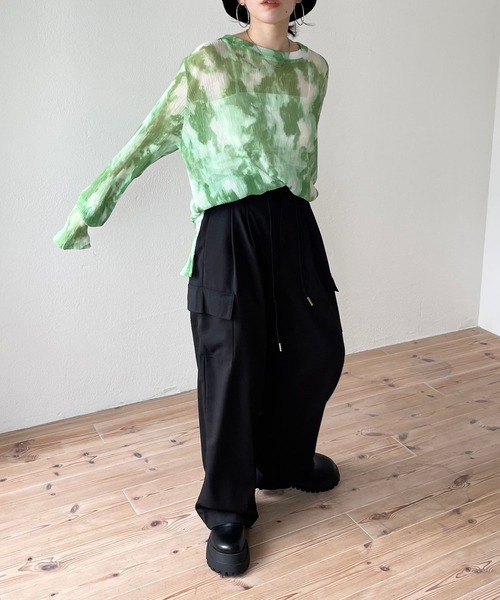 wee9s(ウィークス)の「shirring tie dye sheer tops / シャーリングタイダイシアートップス(Tシャツ/カットソー・レディース・グリーン/ブラック・FREE)」の15枚目の写真