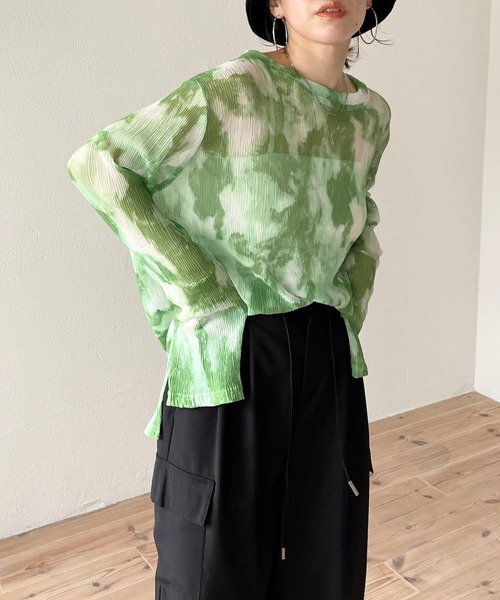 wee9s(ウィークス)の「shirring tie dye sheer tops / シャーリングタイダイシアートップス(Tシャツ/カットソー・レディース・グリーン/ブラック・FREE)」の16枚目の写真