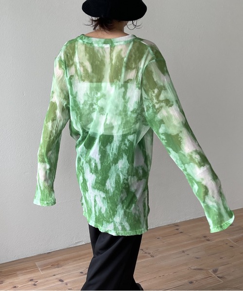 wee9s(ウィークス)の「shirring tie dye sheer tops / シャーリングタイダイシアートップス(Tシャツ/カットソー・レディース・グリーン/ブラック・FREE)」の7枚目の写真