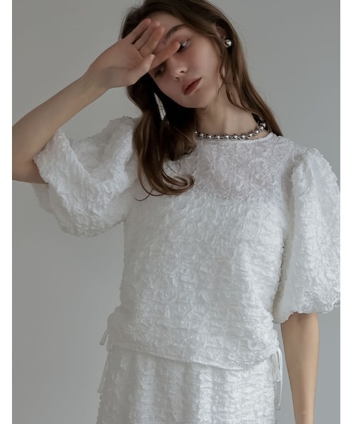 Re:EDIT（リエディ）の「[2024SS COLLECTION][MEISM by Re:EDIT]ワッフルライクふくれジャガードサイドリボントップス（その他トップス・レディース・ブラック/ホワイト・MEDIUM/LARGE）」の9枚目の写真