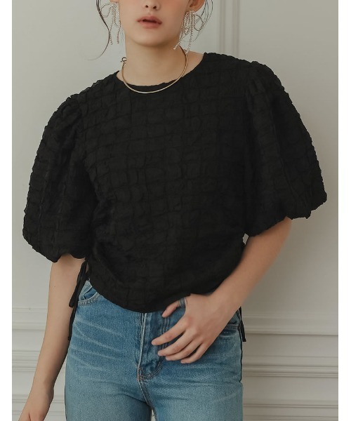 Re:EDIT（リエディ）の「[2024SS COLLECTION][MEISM by Re:EDIT]ワッフルライクふくれジャガードサイドリボントップス（その他トップス・レディース・ブラック/ホワイト・MEDIUM/LARGE）」の15枚目の写真