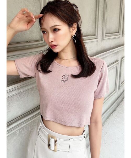 RESEXXY（リゼクシー）の「バイカラーロゴ刺繍テレコトップス（Tシャツ/カットソー・レディース・ピンク/ホワイト/ブラック・FREE）」の6枚目の写真