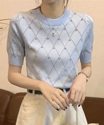 ストーン付き半袖ニットプルオーバー