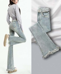 フリンジディテールハイウェストデニムパンツ