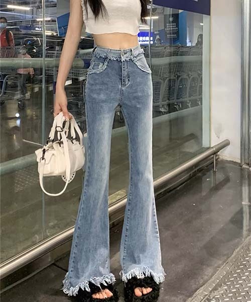 gossip!ロサンゼルス(ゴシップロサンゼルス)の「フリンジディテールハイウェストデニムパンツ(デニムパンツ・レディース・ブルー/ライトブルー/ブラック・L/S/M)」の5枚目の写真