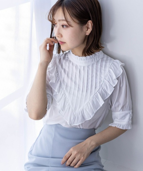 clear(クリア)の「ピンタックフリル半袖ブラウス≪2024SS≫(シャツ/ブラウス・レディース・ピンク/ミント/オフホワイト・F)」の2枚目の写真