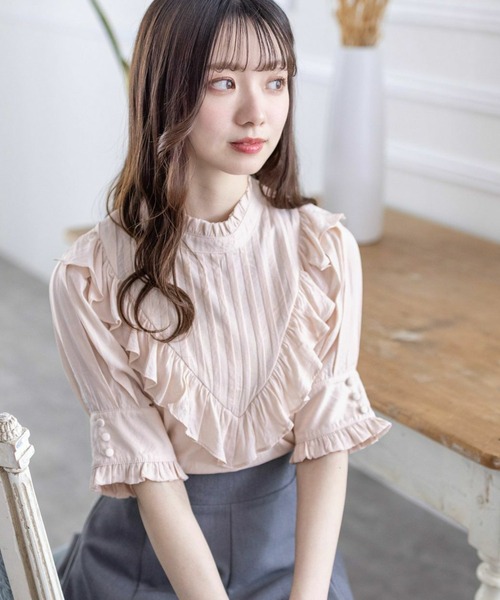 clear(クリア)の「ピンタックフリル半袖ブラウス≪2024SS≫(シャツ/ブラウス・レディース・ピンク/ミント/オフホワイト・F)」の1枚目の写真