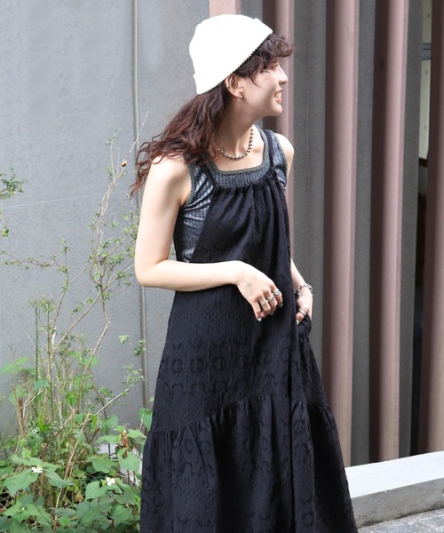 DOUBLE NAME（ダブルネーム）の「ふくれジャガード切替ギャザーキャミワンピース（ワンピース・レディース・オフホワイト/ブラック・FREE）」の12枚目の写真