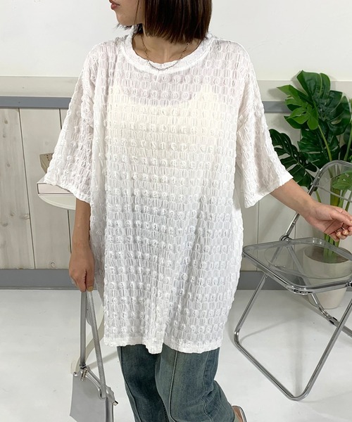 CRB(シーアールビー)の「シアー柄半袖Tチュニック(Tシャツ/カットソー・レディース・オフホワイト/ブラック・F)」の2枚目の写真