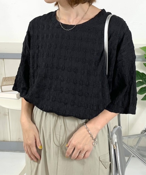 CRB(シーアールビー)の「シアー柄半袖Tチュニック(Tシャツ/カットソー・レディース・オフホワイト/ブラック・F)」の5枚目の写真